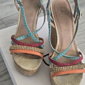 Aldo Turquoise Strappy Wedges with Pink & Orange Accents